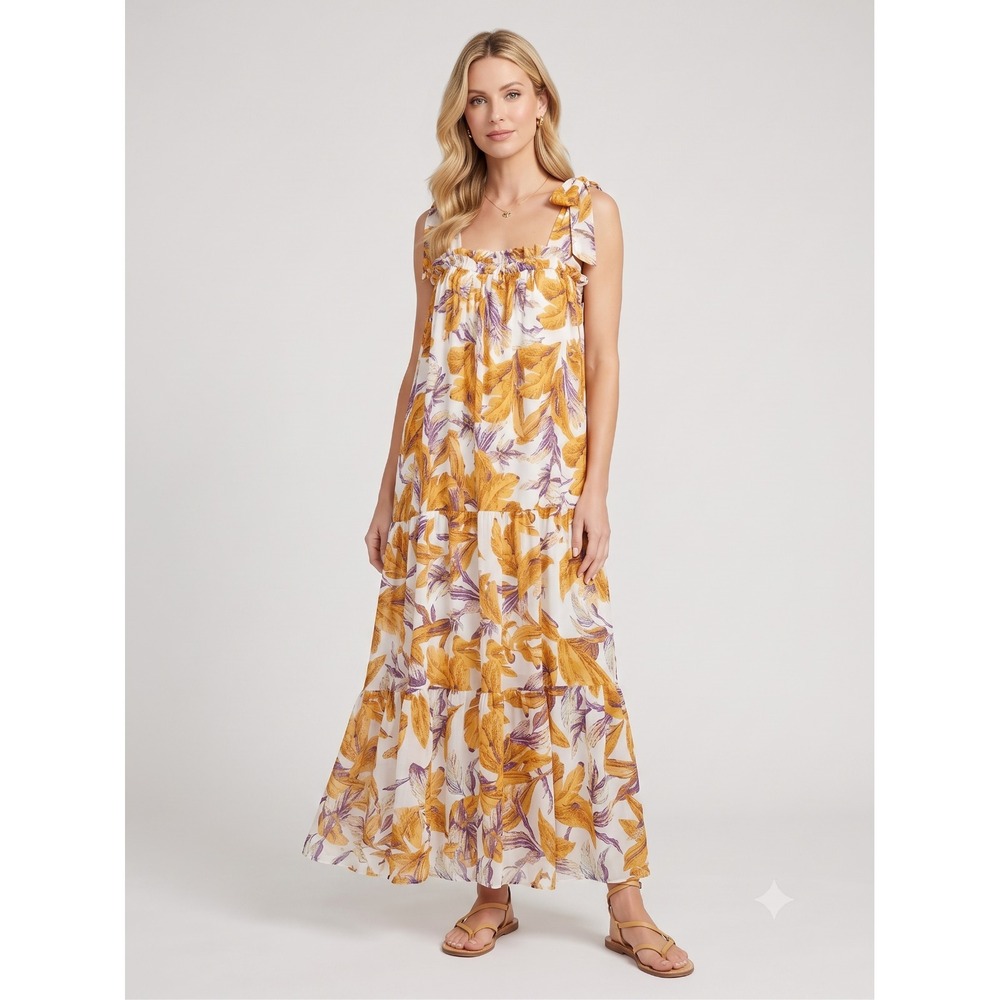 Flying Tomato Tiered Chiffon Maxi Dress Sz S  Tie Shoulder Boho Resort Coastal